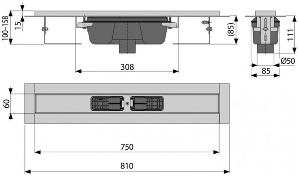 Водоотводный желоб Alcaplast APZ1001-750, с порогами для перфорированной решетки