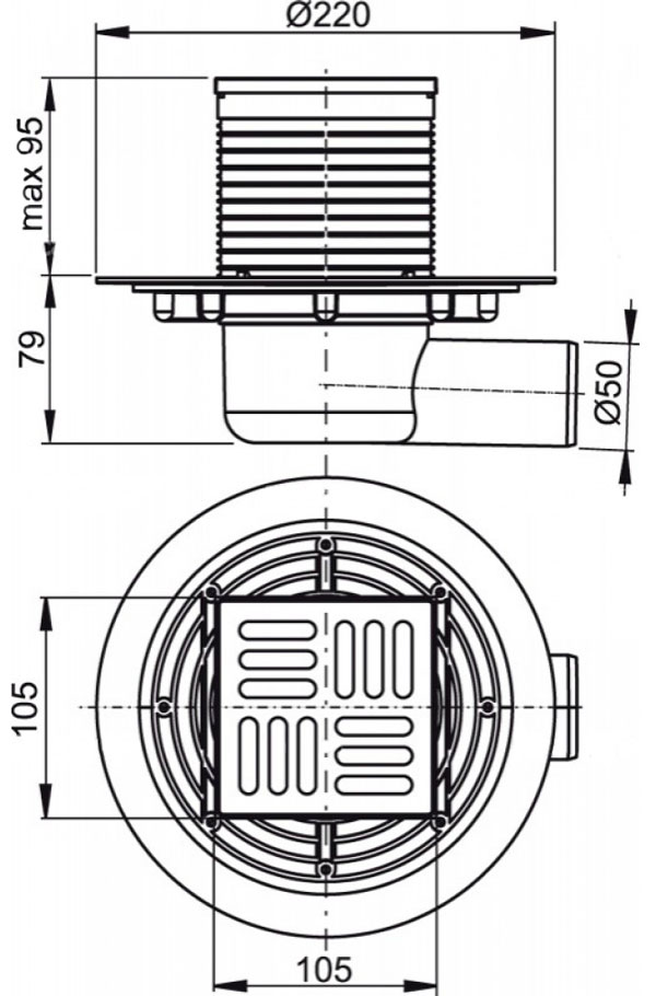 Сливной трап Alcaplast, 105x105/50 мм, с боковой подводкой, решетка: нерж., гидрозатвор SMART (APV1321)