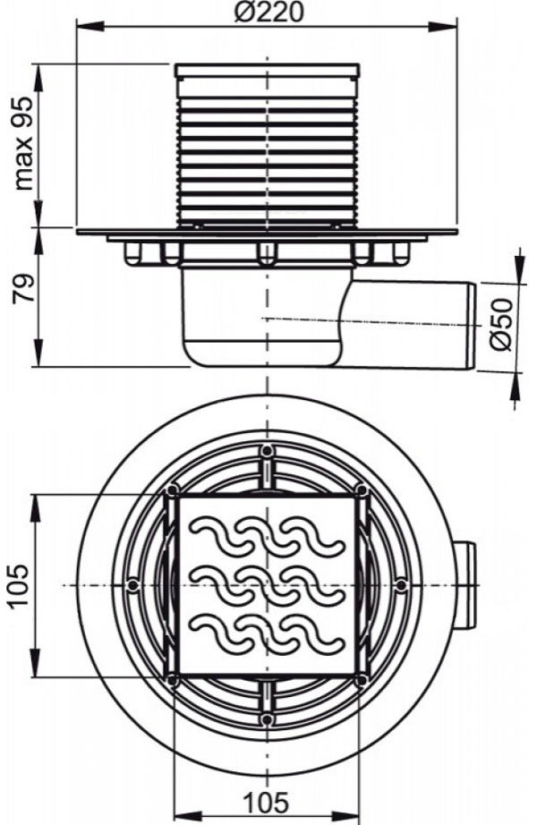 Сливной трап Alcaplast, 105x105/50 мм, с боковой подводкой, решетка: нерж., гидрозатвор мокрый (APV102)