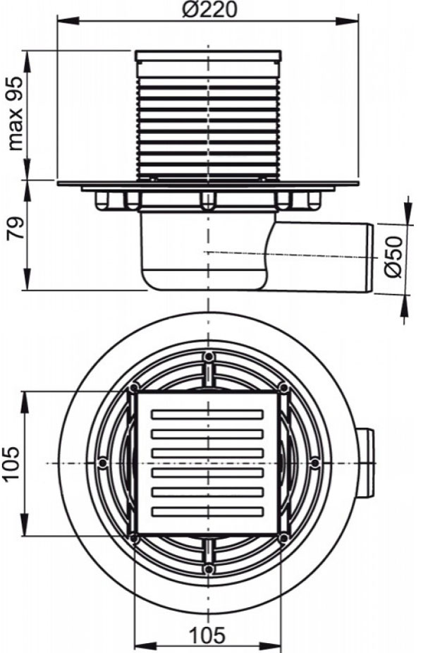 Сливной трап Alcaplast, 105x105/50 мм, с боковой подводкой, решетка: нерж., гидрозатвор мокрый (APV103)