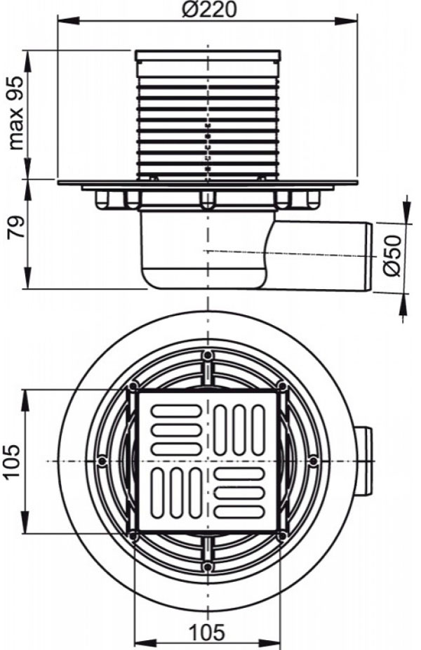 Сливной трап Alcaplast, 105x105/50 мм, с боковой подводкой, решетка: нерж., гидрозатвор мокрый (APV101)