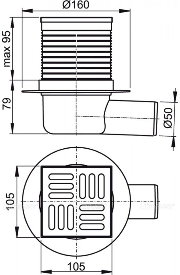 Сливной трап Alcaplast, 105x105/50 мм, с боковой подводкой, решетка: нерж., гидрозатвор мокрый (APV1)