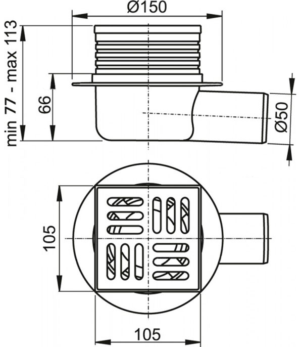 Сливной трап Alcaplast, 105x105/50 мм, с боковой подводкой, решетка: нерж., гидрозатвор мокрый (APV26)
