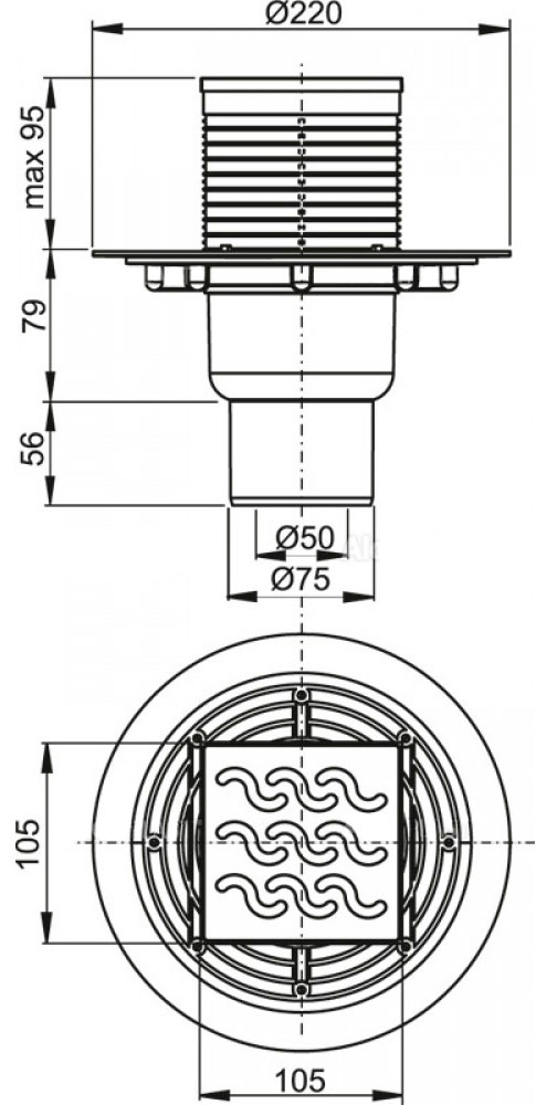 Сливной трап Alcaplast, 105x105/50 мм, с прямой подводкой, решетка: нерж., гидрозатвор мокрый (APV202)