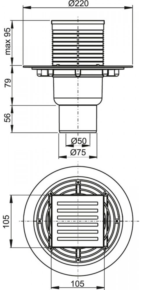 Сливной трап Alcaplast, 105x105/50 мм, с прямой подводкой, решетка: нерж., гидрозатвор мокрый (APV203)