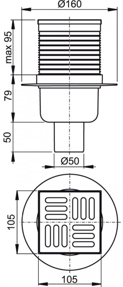 Сливной трап Alcaplast, 105x105/50 мм, с прямой подводкой, решетка: нерж., гидрозатвор мокрый (APV2)
