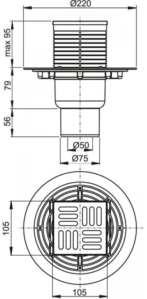 Сливной трап Alcaplast, 105x105/50 мм, с прямой подводкой, решетка: нерж., гидрозатвор мокрый (APV201)