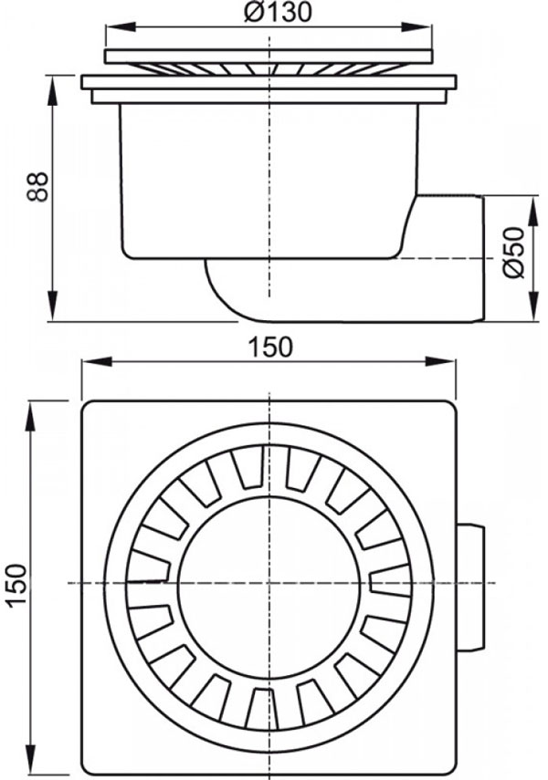Сливной трап Alcaplast, 150x150/50 мм, с боковой подводкой, решетка пластик, гидрозатвор мокрый (APV15)