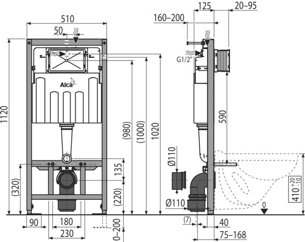 Скрытая система инсталляции для подвесного унитаза Alcaplast 1120х150х520 мм, для гипсокартона, с хромированной кнопкой (AM101/1120 + M71)