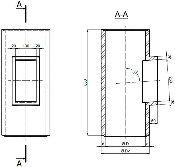 Керамічний трійник-ревізія димохідний PD-Refractories KC 20, Ø 200 мм, довжина 660 мм