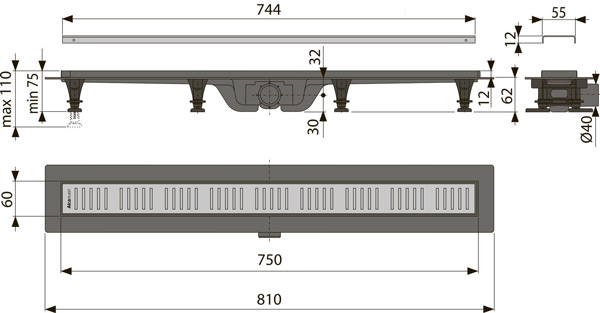 Водоотводный желоб Alcaplast APZ10-750M, с порогами для перфорированной решетки