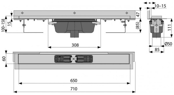 Водоотводный желоб Alcaplast APZ1004-650, с порогами для перфорированной решетки и регулируемым воротником к стене