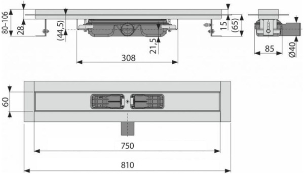 Водоотводный желоб Alcaplast APZ101-750, с порогами для перфорированной решетки