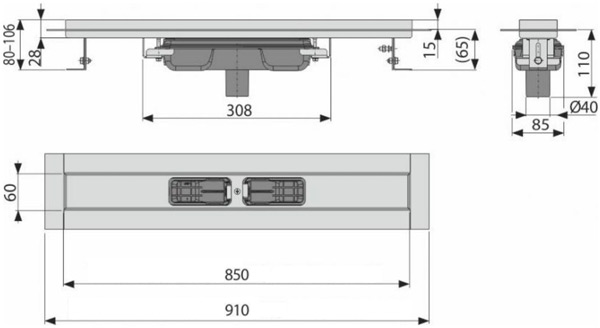 Водоотводный желоб Alcaplast APZ1106-850 Professional Low, с порогами для цельной решетки