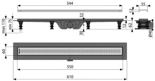 Водоотводный желоб Alcaplast APZ9-550M Simple, с порогами для перфорированной решетки