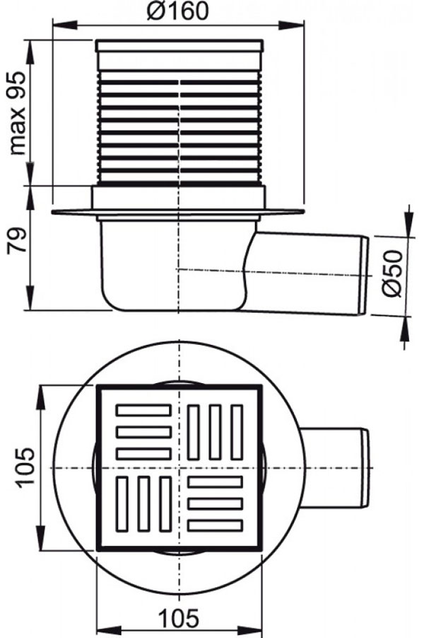Зливний трап Alcaplast, 105x105/50 мм, з бічною підводкою, решітка: пластик, гідрозатвор мокрий (APV5111)