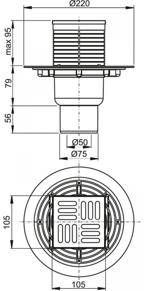 Зливний трап Alcaplast, 105x105/50/75 мм, з прямою підводкою, решітка: нерж., гідрозатвор SMART (APV2321)