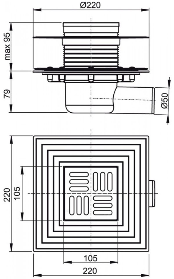 Зливний трап Alcaplast, 105x105/50 мм, з бічною підводкою, решітка: нерж., гідрозатвор комбінований SMART (APV1324)