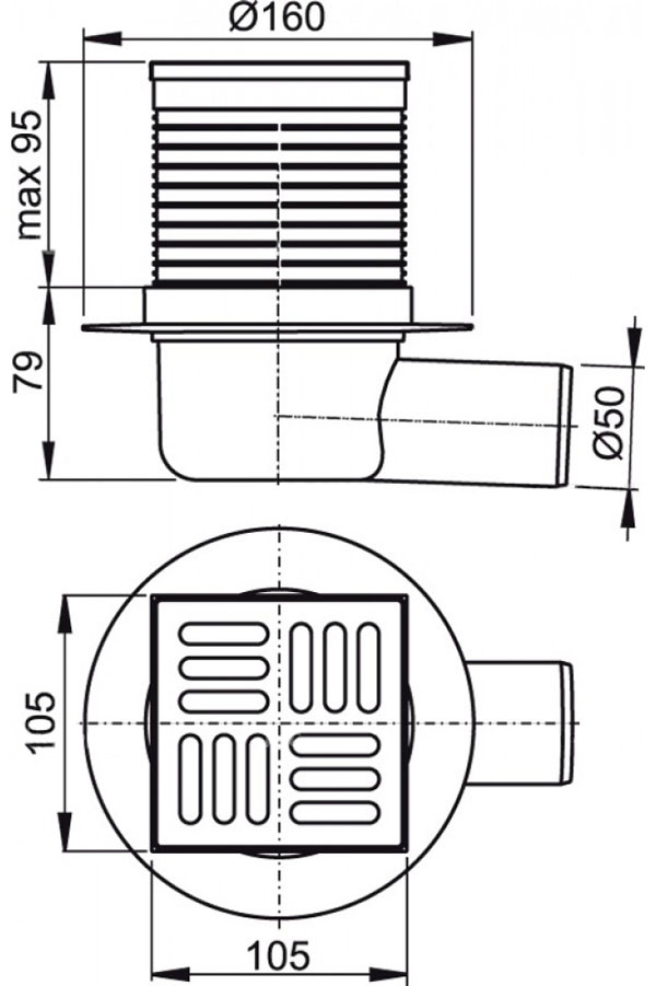 Зливний трап Alcaplast, 105x105/50 мм, з бічною підводкою, решітка: нерж., гідрозатвор комбінований SMART (APV31)
