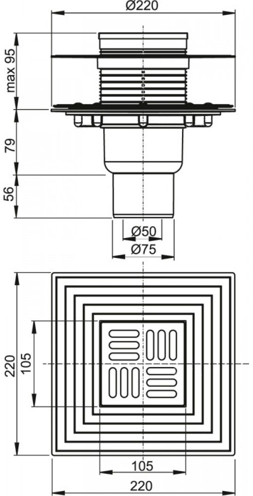 Зливний трап Alcaplast, 105x105/50 мм, з прямою підводкою, решітка: пластик, гідрозатвор комбінований SMART (APV2324)