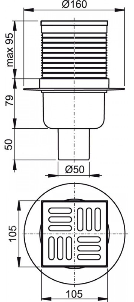 Зливний трап Alcaplast, 105x105/50 мм, з прямою підводкою, решітка: нерж., гідрозатвор комбінований SMART (APV32)