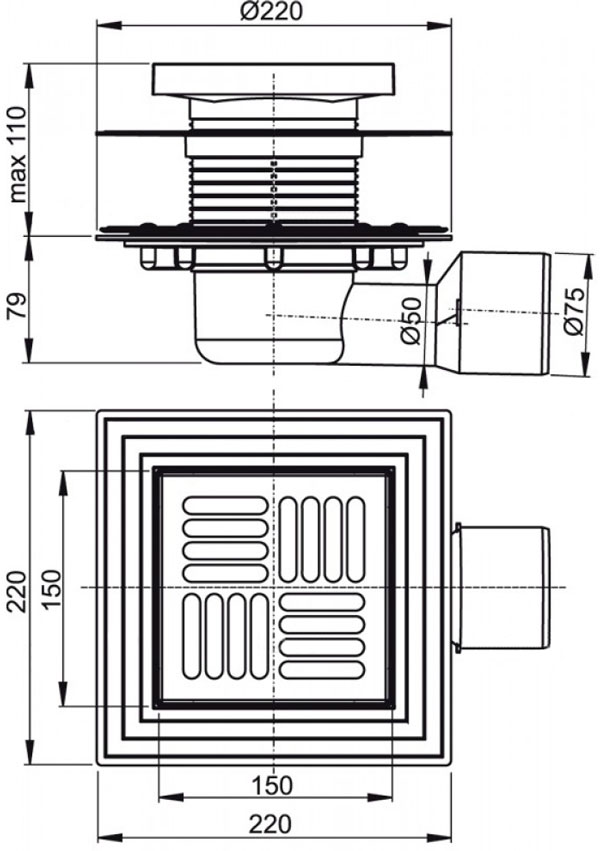 Сливной трап Alcaplast, 150x150/50/75 мм, решетка: нерж., с боковой подводкой, гидрозатвор мокрый, сухой (APV3444)