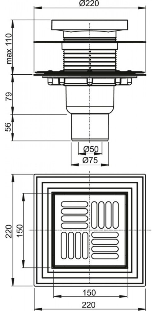 Сливной трап Alcaplast, 150x150/50/75 мм, с прямой подводкой, решетка: нерж., гидрозатвор мокрый, сухой (APV4444)