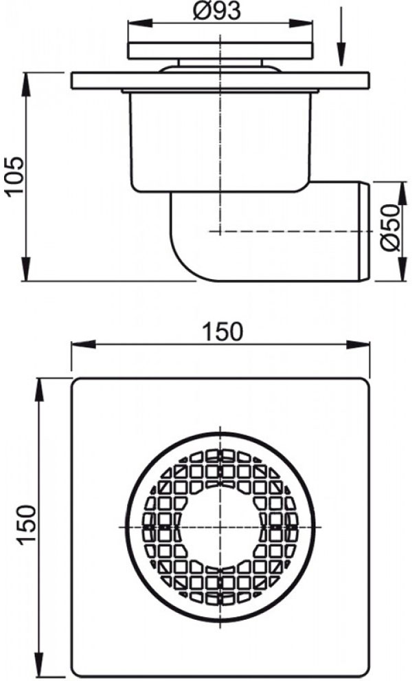 Сливной трап Alcaplast, 150x150/50 мм, с боковой подводкой, решетка пластик, гидрозатвор мокрый (APV3)