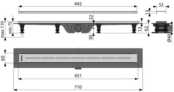 Водоотводный желоб Alcaplast APZ18-650M Simple, с порогами из нержавеющей стали для перфорированной решетки