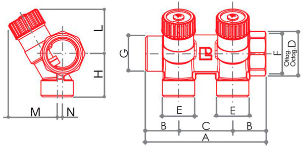 Коллектор Luxor на 2 выхода с регулирующими вентилями G 3/4 х G 1/2