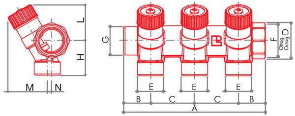 Колектор Luxor на 3 виходи з регулювальними вентилями G 3/4 х G 1/2
