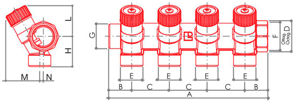 Коллектор Luxor на 4 выхода с регулирующими вентилями G 3/4 х G 1/2