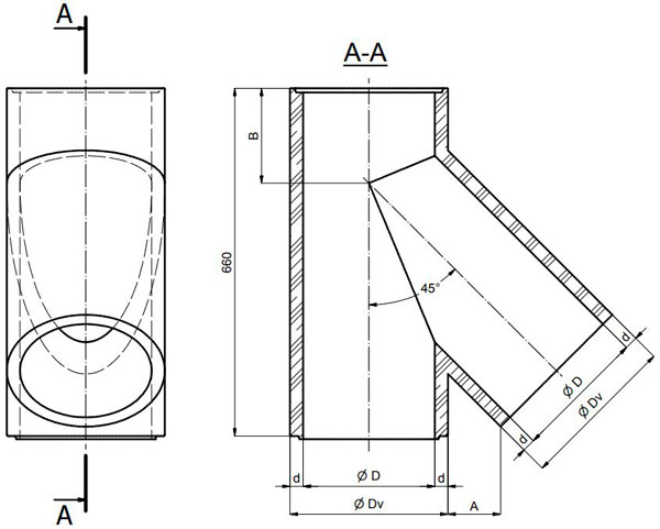 Керамический тройник 45° дымоходный PD-Refractories KS 20/45, Ø 200 мм, длина 660 мм