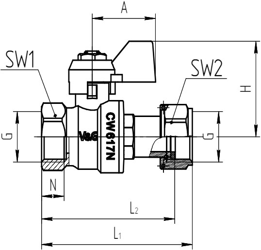 Кран шаровой прямой V&G VALOGIN с накидной гайкой и прокладкой, ВхВ 3/4 (VG-107202)