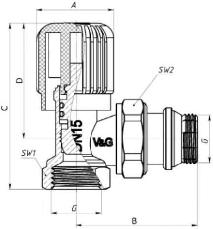 Радіаторний вентиль V&G VALOGIN, 1/2, ручного регулювання, кутовий (VG-601201)